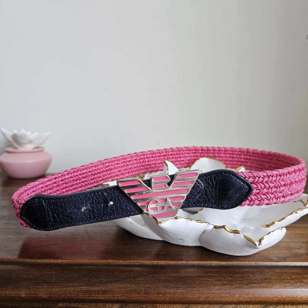 Rare Giorgio Armani Kid's Elastic Waist Pink Braided Logo Eagle Buckle Belt